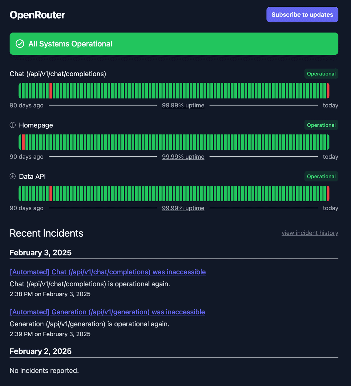 OpenRouter Status Page showing the service disruption that occurred